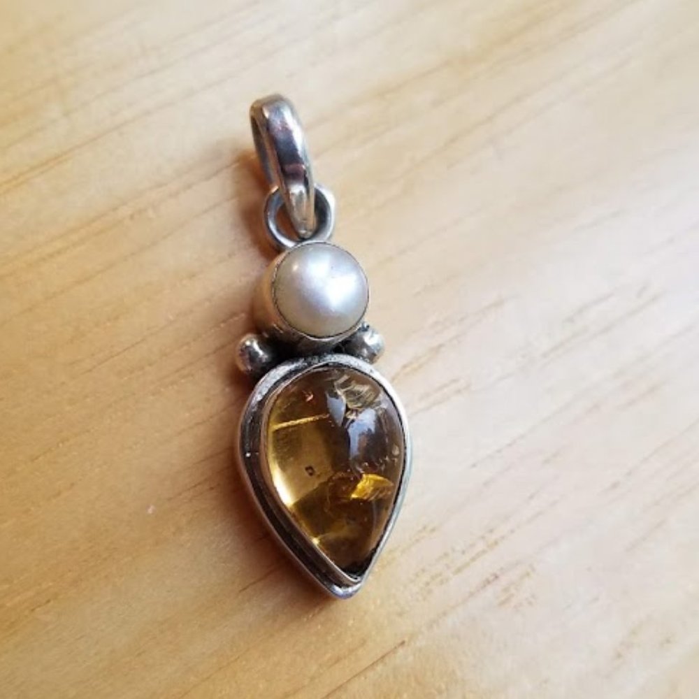 Amber Pearl Sterling Silver Pendant Fossil Tree Heal Forest Ocean Gift Holiday